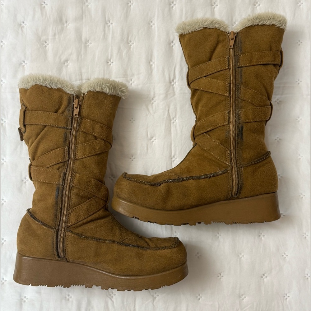 Vintage 90s No Boundaries Platform Boots Size 7 Fur Trimmed Strappy Fall Rare - Picture 9 of 16